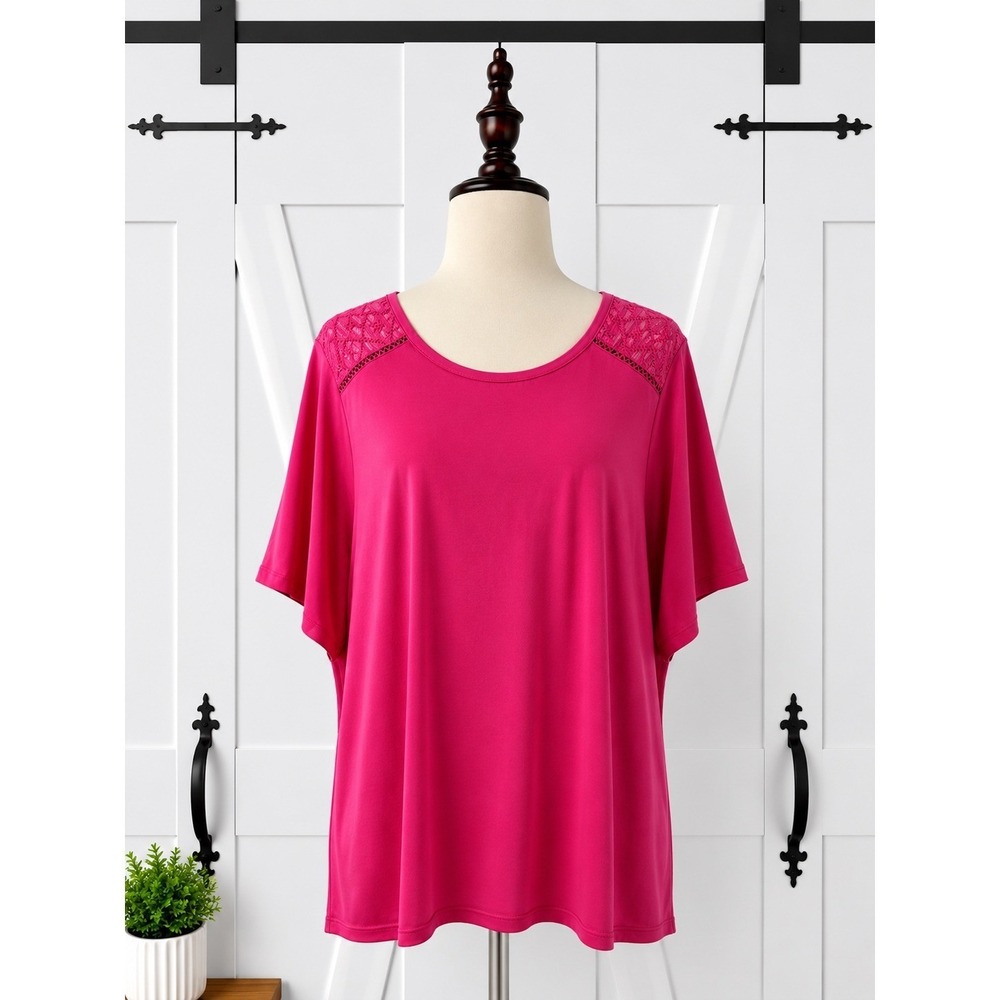 Isaac Mizrahi Live Elbow Sleeve Knit Top Tee Pink Lace‎ 3X QVC Style #A598199